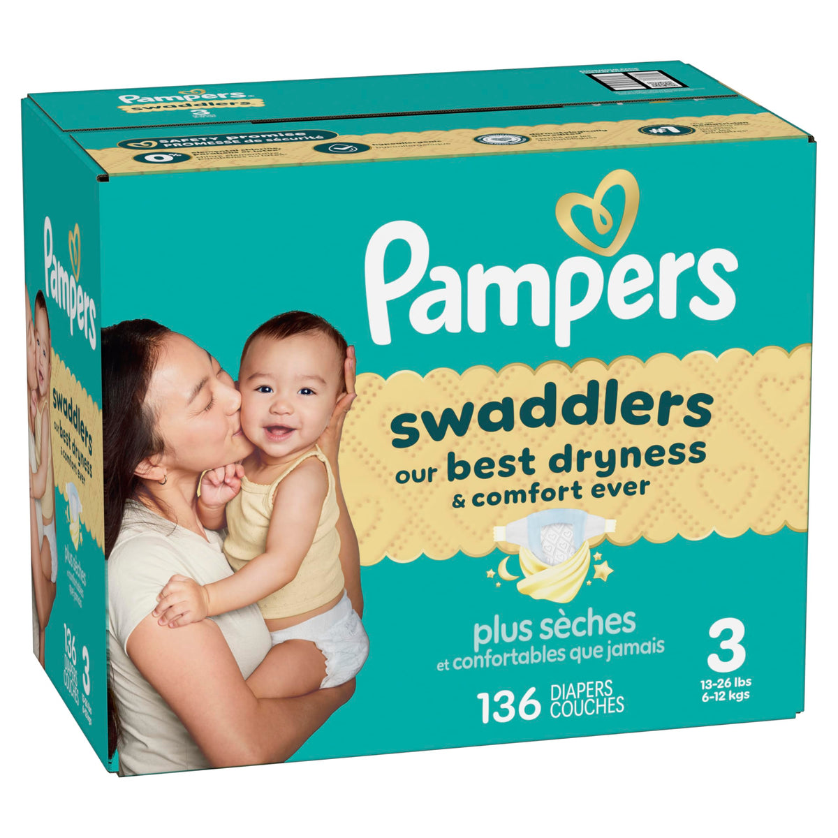 Swaddlers Diapers, Size 3 (13-26 lbs), 136 Count, Fragrance Free, Hypoallergenic, Absorbent, Pediatrician Recommended, Skin Safe