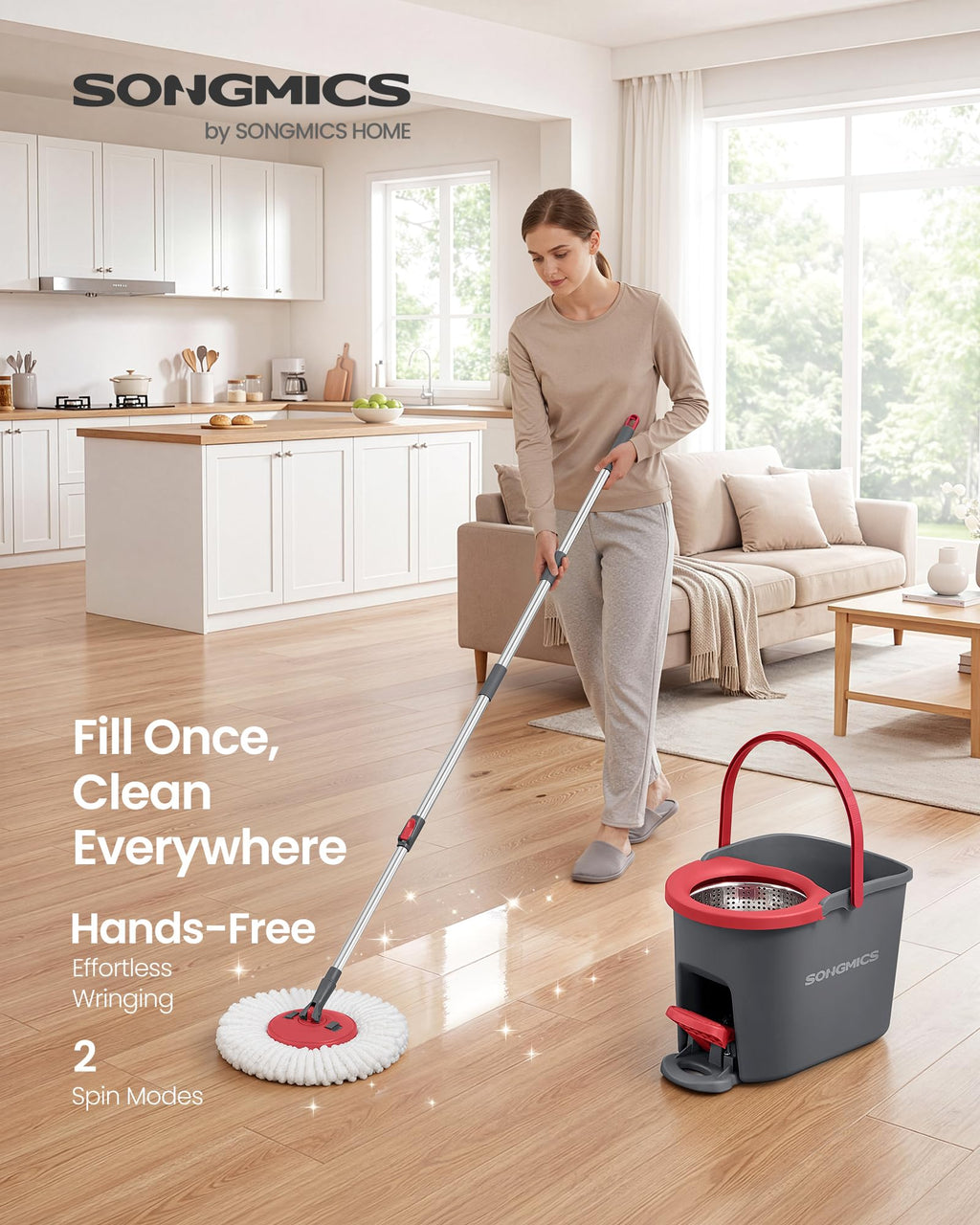 SONGMICS Spin Mop and Bucket Set with Pedal Wringer, 1 Microfiber Pad