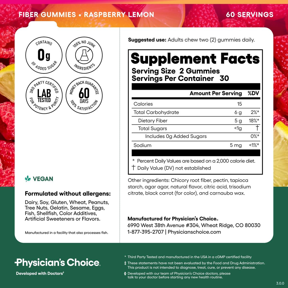 Physician's CHOICE Fiber Gummies for GLP-1 Support - No Sugar Added & Vegan - Raspberry Lemon - Natural Chicory Root Prebiotic Fiber Gummy - Digestive Health & Regularity for Women & Men - 60CT