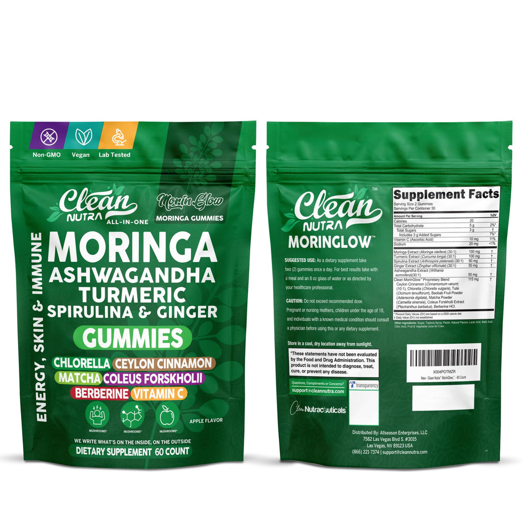 Clean Nutra Moringa Gummies | Pure Moringa Powder Supplement + Ashwagandha Turmeric Spirulina & Ginger Energy, Skin, Immune & Gut Health Green Superfood - Moringa Capsules Alternative