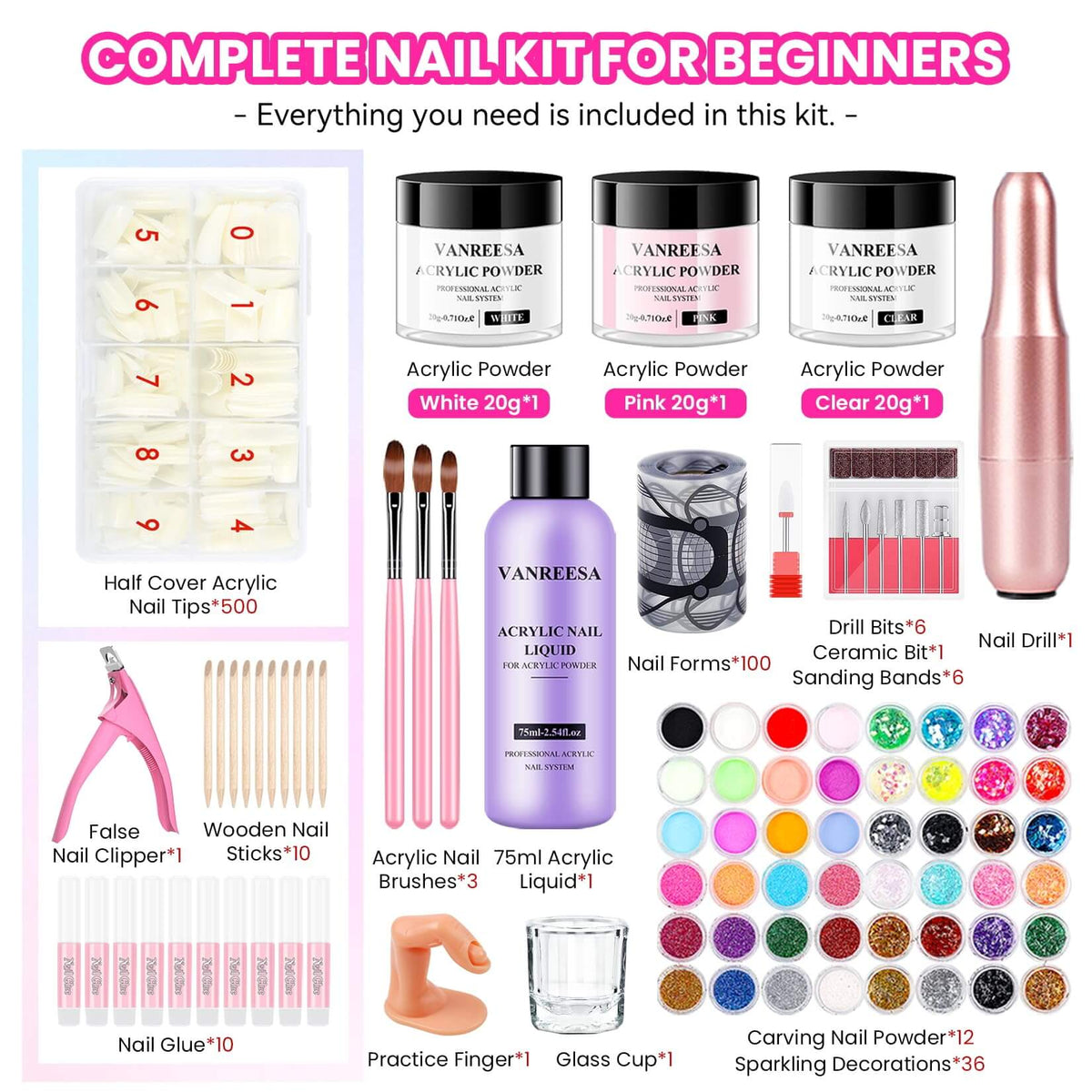 VANREESA Complete Nail Kit- Acrylic Nail Kit with 60 Colors Gel Nail Polish