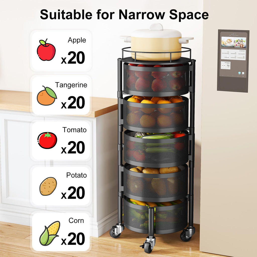 SAYZH 5 Tier Fruit Vegetable Basket Stand for Kitchen, Rotating, Black