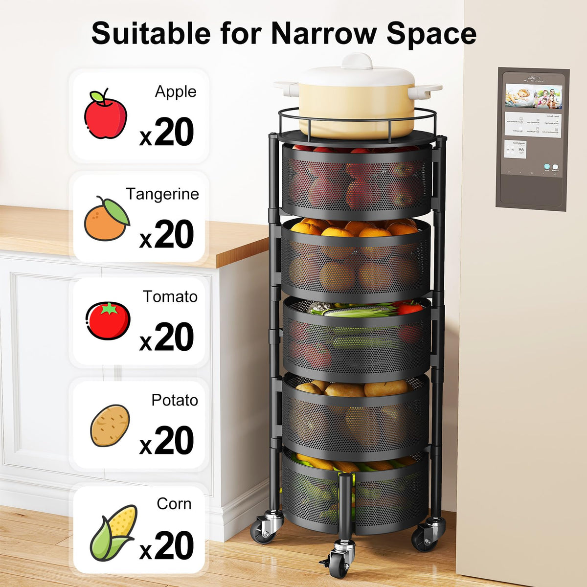 SAYZH 5 Tier Fruit Vegetable Basket Stand for Kitchen, Rotating, Black