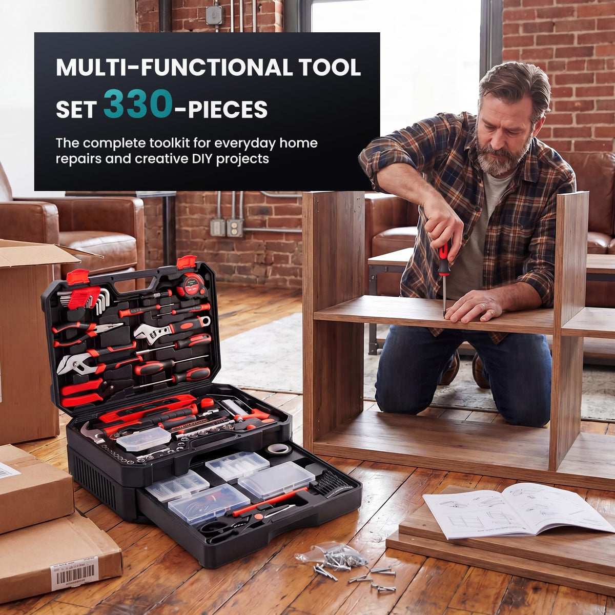 DUMOS 330-Piece Complete Homeowners Tool Box Set,Small Tool Kit for Home