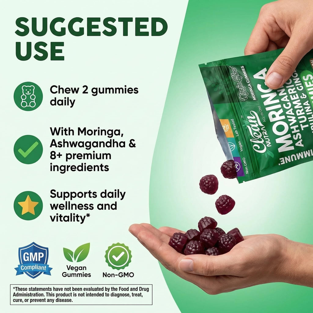 Clean Nutra Moringa Gummies | Pure Moringa Powder Supplement + Ashwagandha Turmeric Spirulina & Ginger Energy, Skin, Immune & Gut Health Green Superfood - Moringa Capsules Alternative