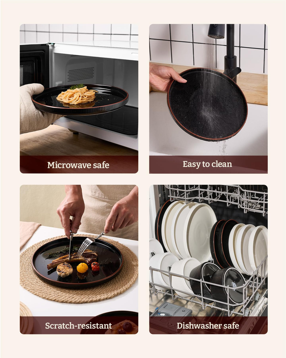 Richmount Line Porcelain Dinnerware Set, dish set for 4, Black