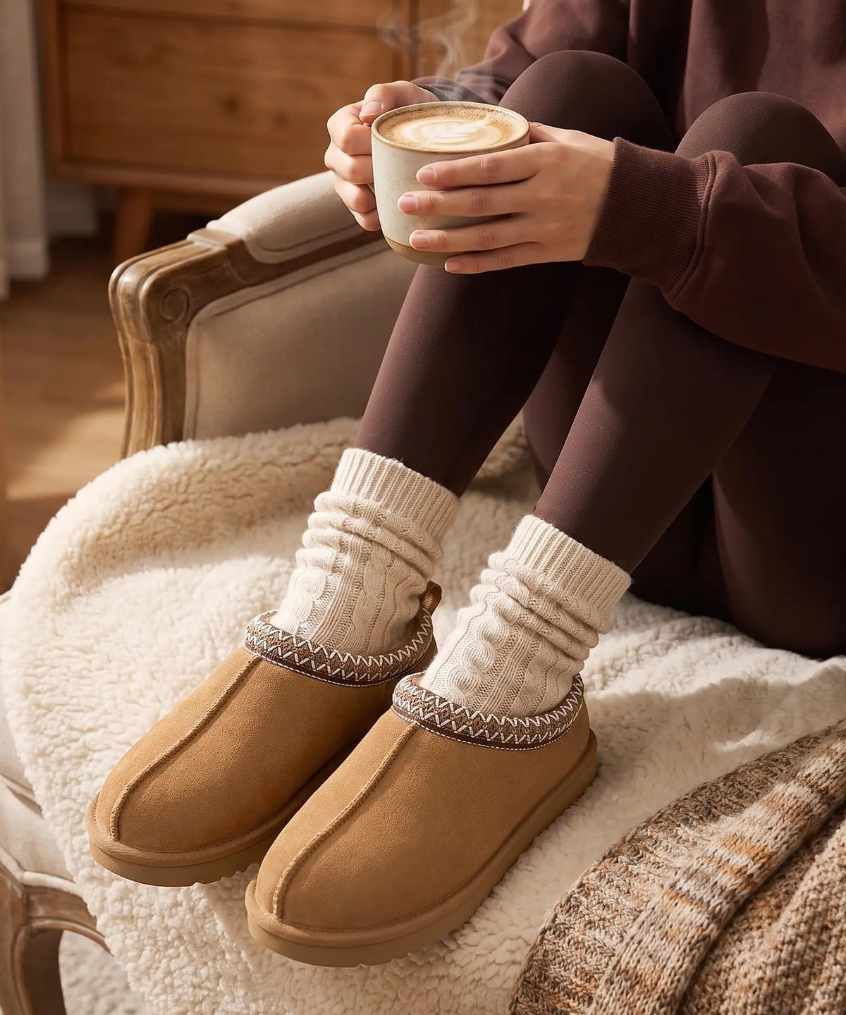 bebealy Genuine Suede Fuzzy Slippers for Women Winter Warm House Shoes Cozy Mini Boots for Indoor Outdoor, Chestnut 39
