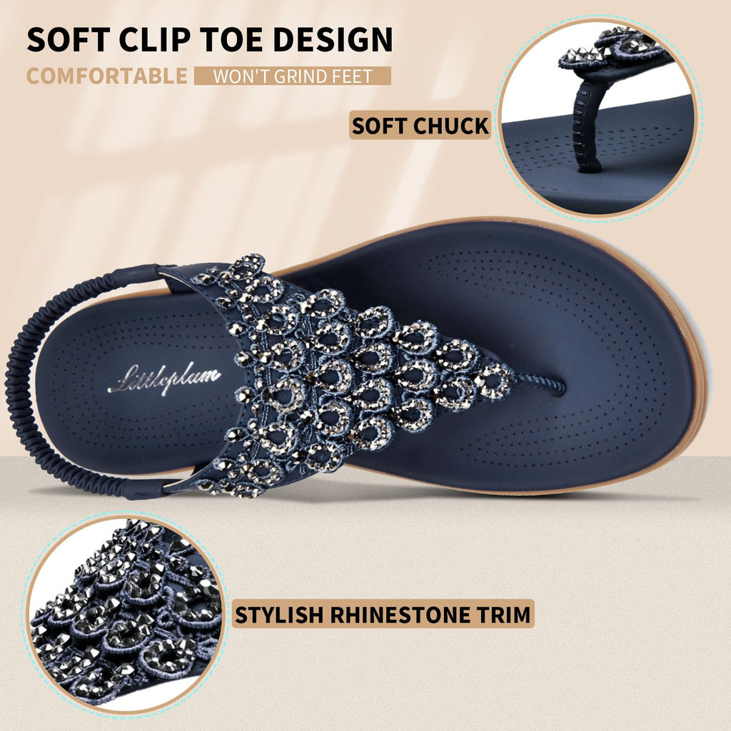Littleplum Womens Sandals Arch Support Slingback Rhinestone Dressy Sandals Comfort Summer Shoes Ankle Strap Elastic Flats for Beach Walking Chic Blue Size 8.5