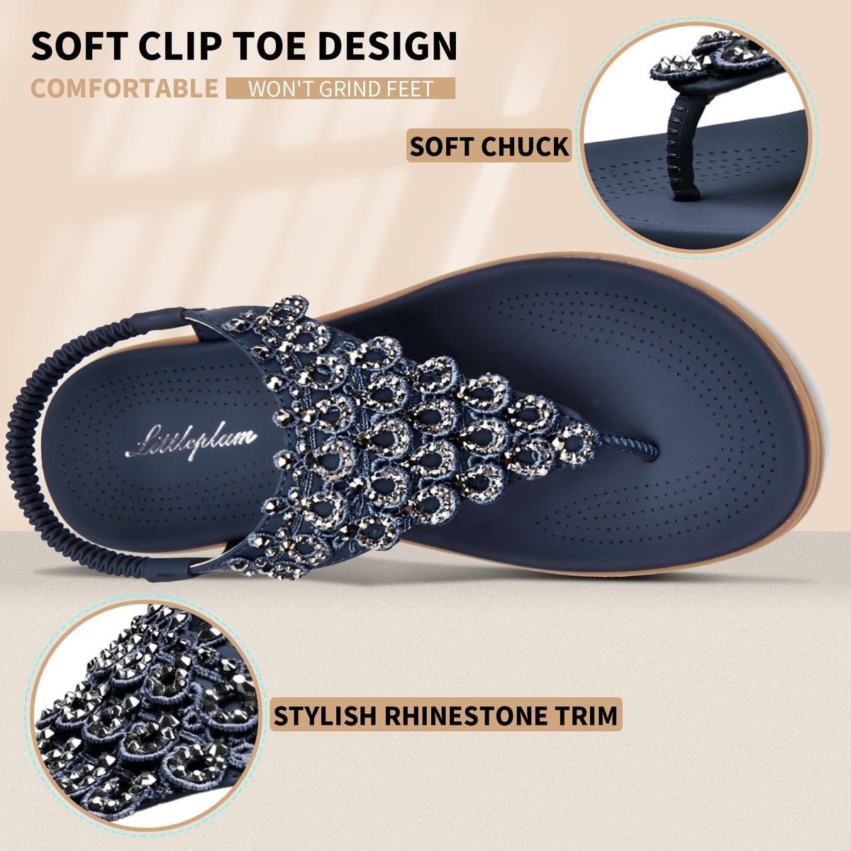 Littleplum Womens Sandals Arch Support Slingback Rhinestone Dressy Sandals Comfort Summer Shoes Ankle Strap Elastic Flats for Beach Walking Chic Blue Size 8.5