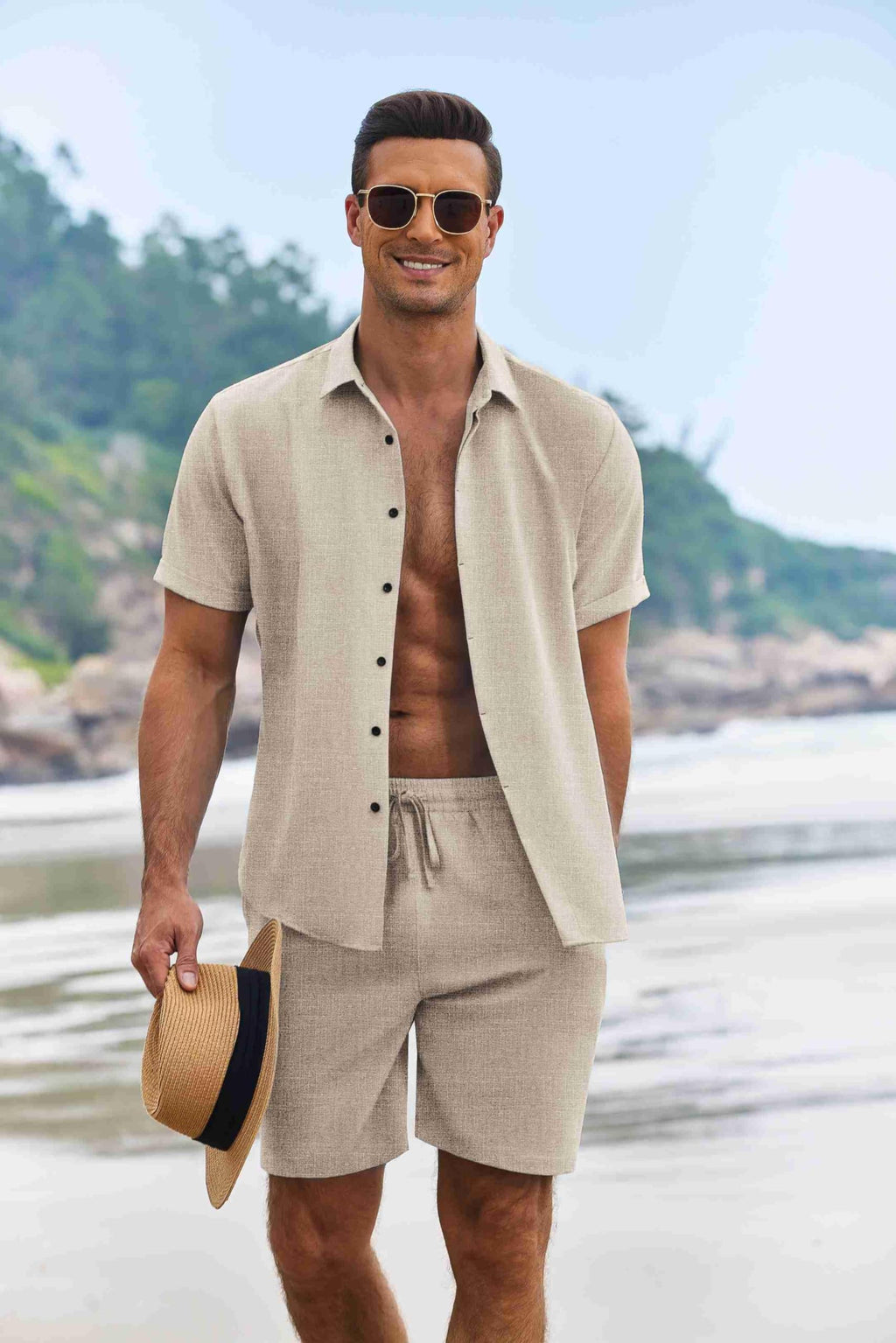 COOFANDY Men's Shirt and Short Sets Cruise Outfits for Men, khaki, Medium