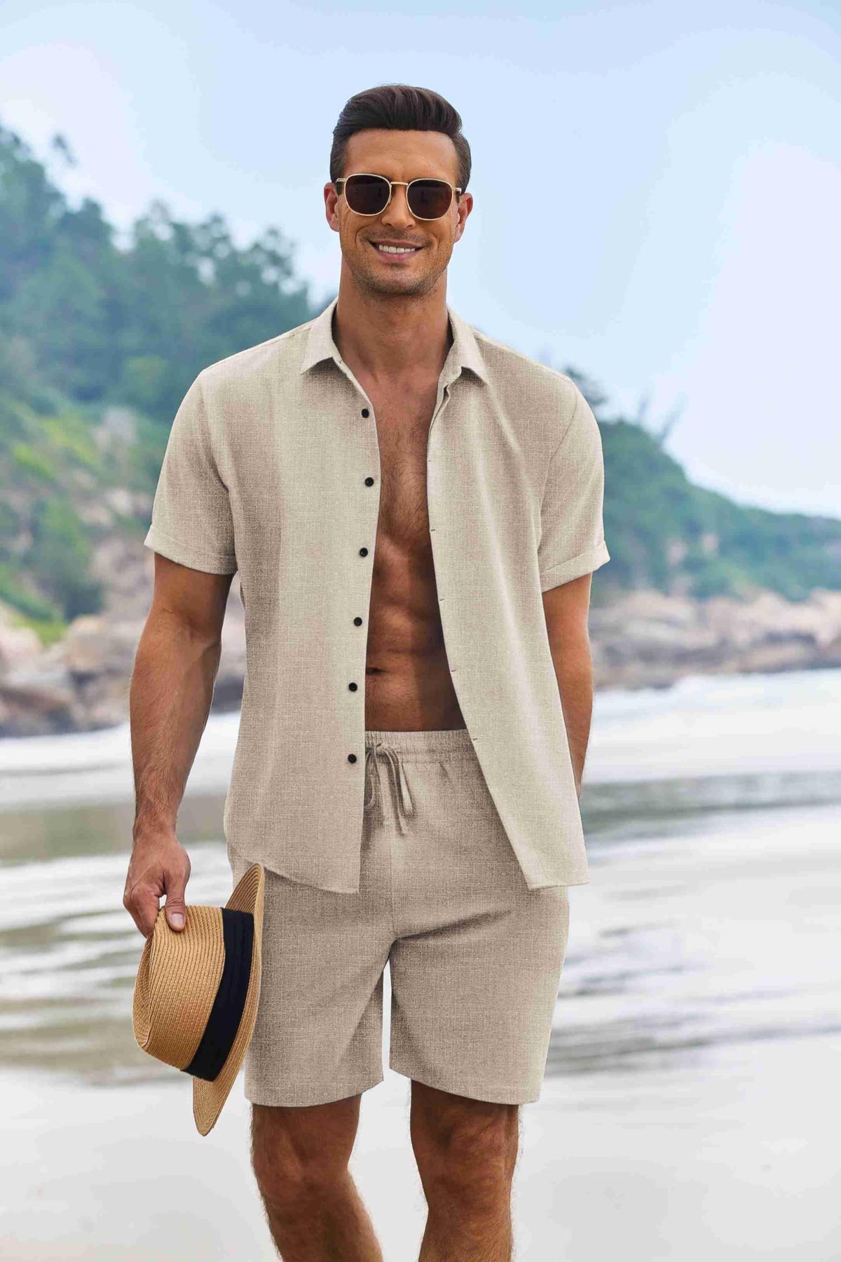 COOFANDY Men's Shirt and Short Sets Cruise Outfits for Men, khaki, Medium