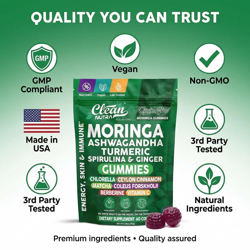 Clean Nutra Moringa Gummies | Pure Moringa Powder Supplement + Ashwagandha Turmeric Spirulina & Ginger Energy, Skin, Immune & Gut Health Green Superfood - Moringa Capsules Alternative