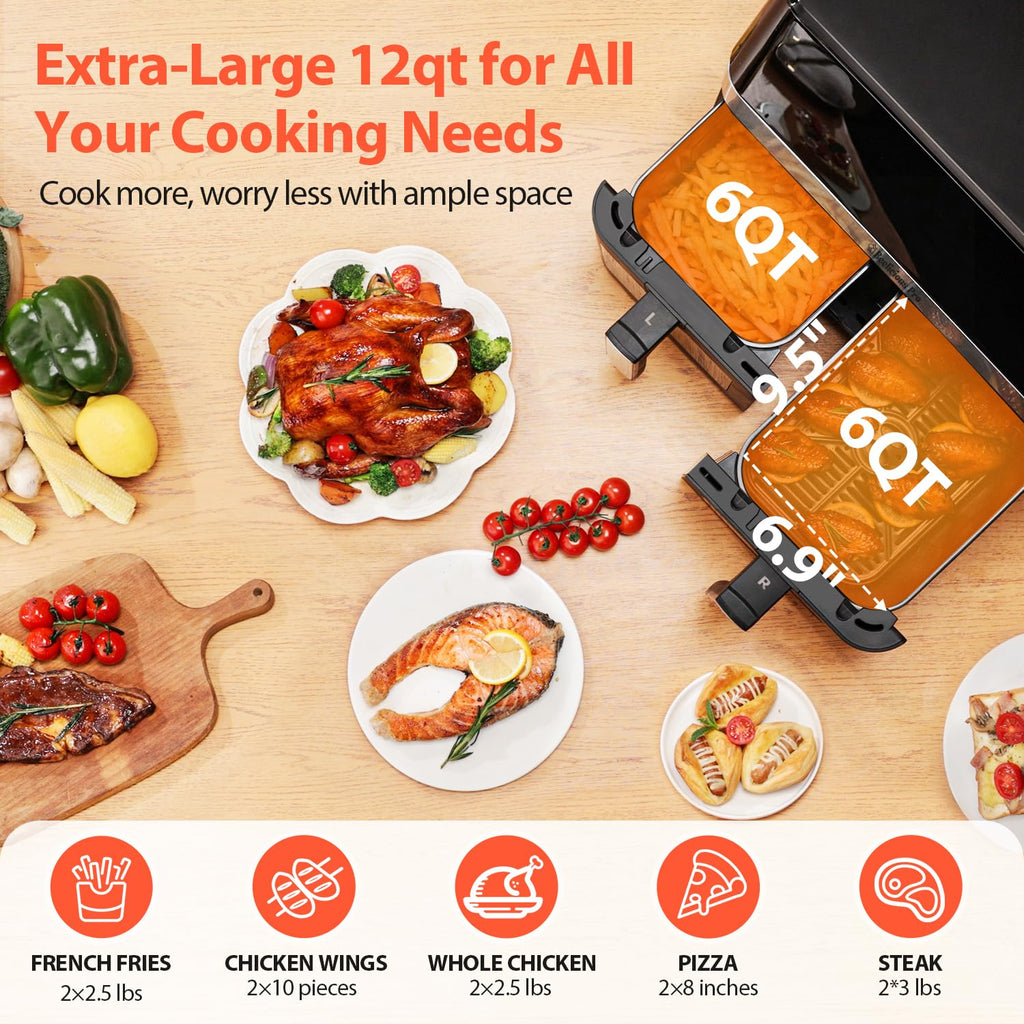 12QT Large Dual Air Fryer, 10-in-1 with SyncCook, ProTemp & UltraCrisp Tech