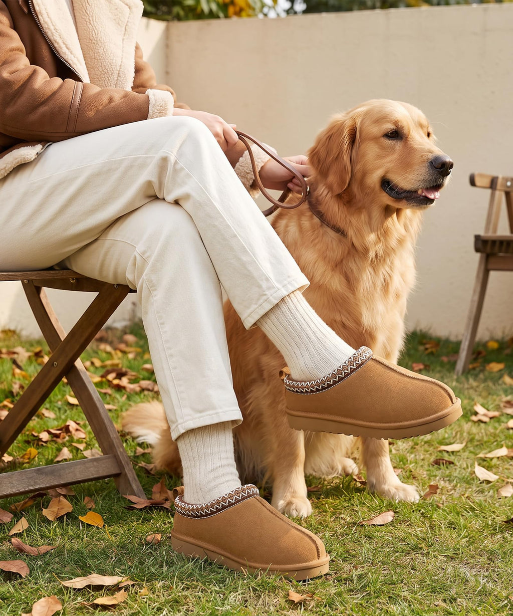 bebealy Genuine Suede Fuzzy Slippers for Women Winter Warm House Shoes Cozy Mini Boots for Indoor Outdoor, Chestnut 39
