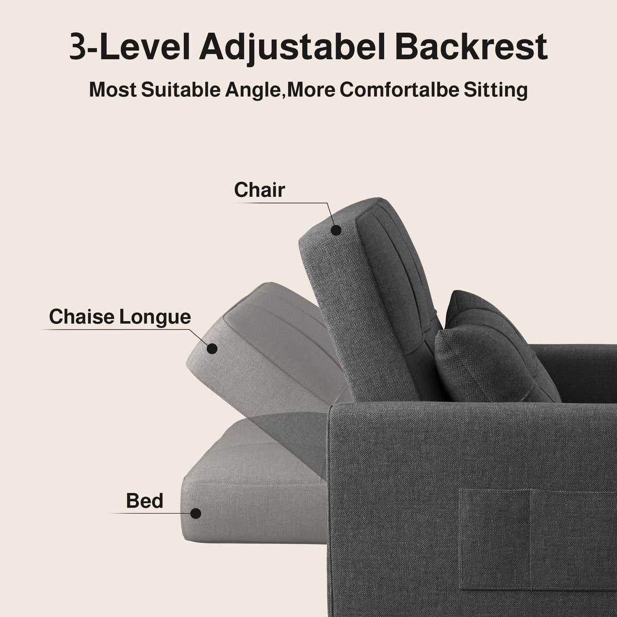 Ahomly Convertible Sofa Chair Bed, 3-in-1 Linen Pull Out Chair, Dark Gray