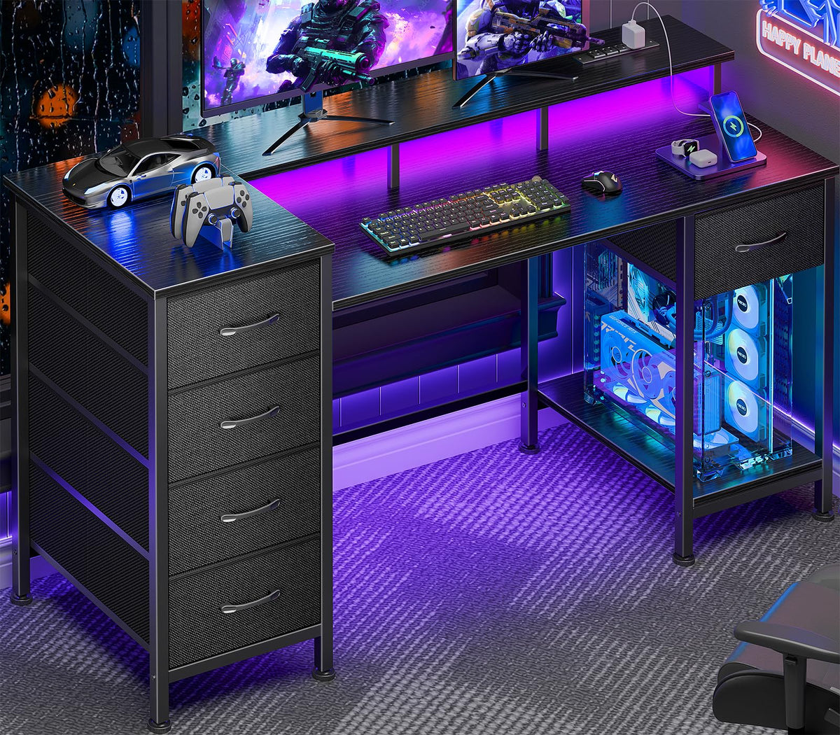 Korfile 47 Inch Gaming Computer Desk with Power Outlets,LED,5 Drawers,Black