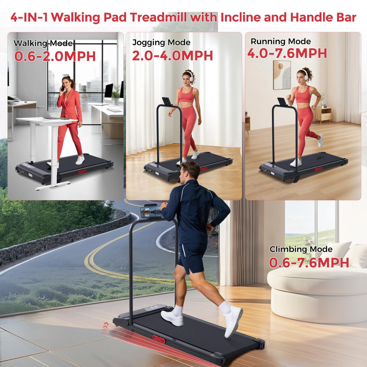 MCRG Walking Pad with Incline, Portable Treadmill with Handle Bar for Home