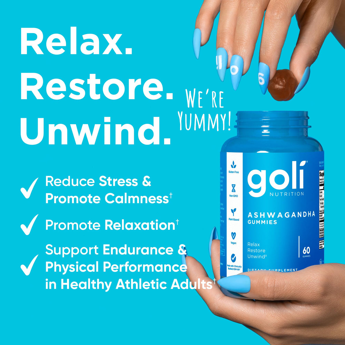 Goli Ashwagandha & Vitamin D Gummy - 180 Count - Mixed Berry, KSM-66, Vegan, Plant Based, Non-GMO, Gluten-Free & Gelatin Free Relax. Restore. Unwind, Pack of 3