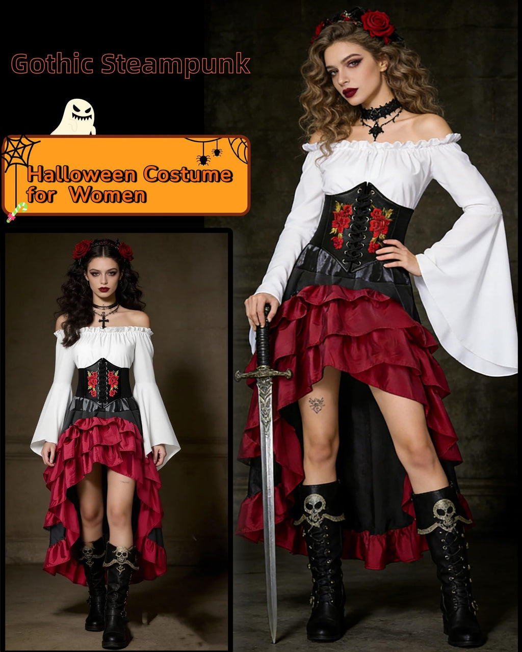 Women's Renaissance Pirate Wench Costume with Corset, Skirt & Blouse