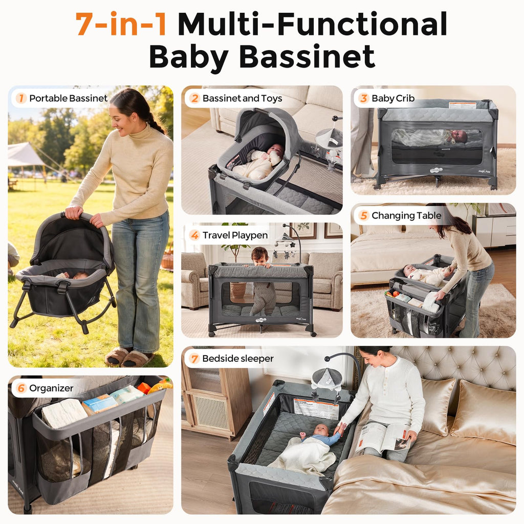 Pamo Babe Pack and Play with Bassinet - 7 in 1 One-Step Setup Bedside Crib, Portable Playpen, Travel Crib, Baby Playard with Diaper Changing Station, Toy Bar & Large Storage Bag