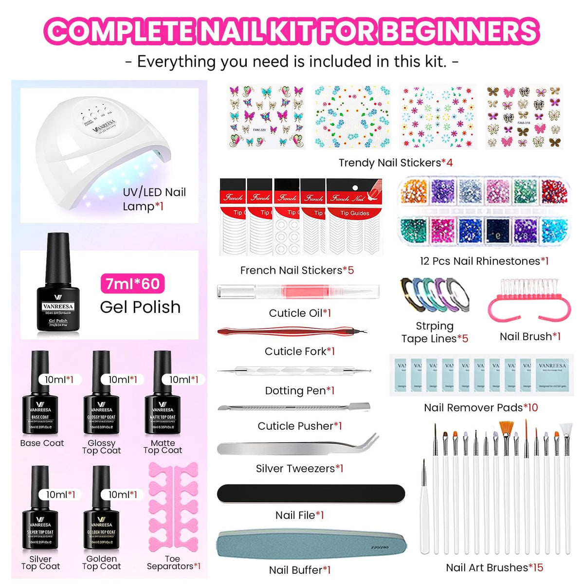 VANREESA Complete Nail Kit- Acrylic Nail Kit with 60 Colors Gel Nail Polish