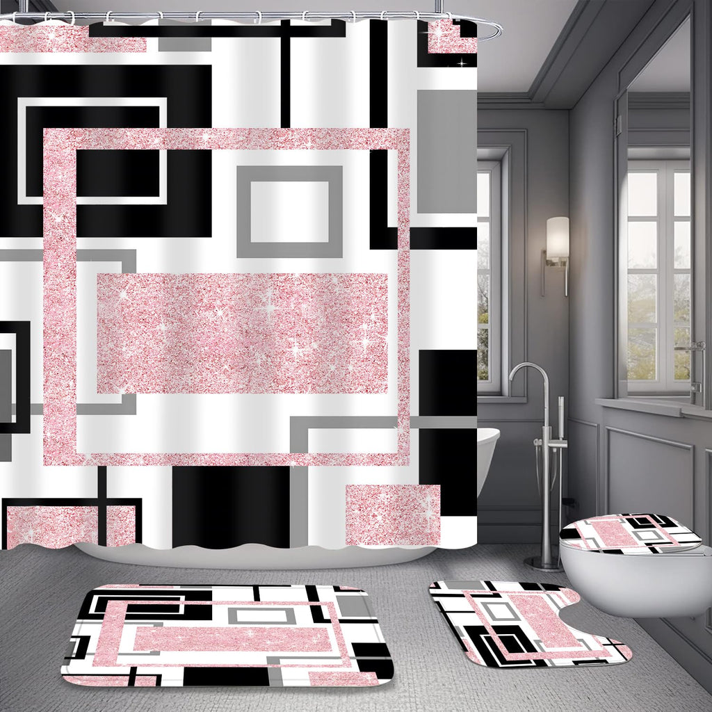 Yddsky 4 Pcs Pink Geometric Shower Curtain Set with Rugs Bathroom Set