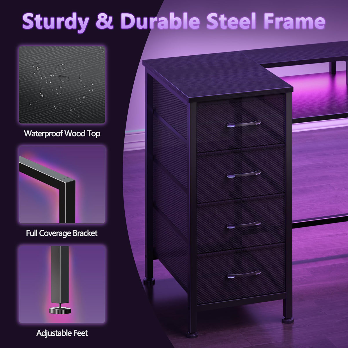 Korfile 47 Inch Gaming Computer Desk with Power Outlets,LED,5 Drawers,Black