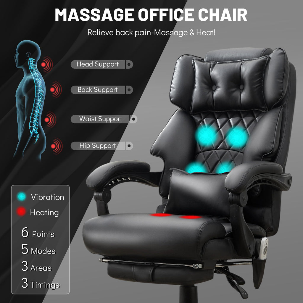 Massage Office Chair with Foot Rest,6 Points Vibration & Heat Executive Office Chairs,500LBS Big and Tall Office Chair for Heavy People,Ergonomic Reclining Desk Chair,Dual-Use Pillow,Home Office,Black