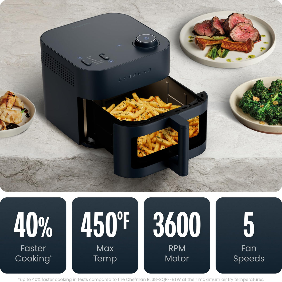 Chefman Crispinator Air Fryer 6-in-1 with 8 Qt capacity, 450°F Max Temp with TurboFry Pro Technology for Fast and Even Results, Viewing Window, Nonstick Ceramic Basket