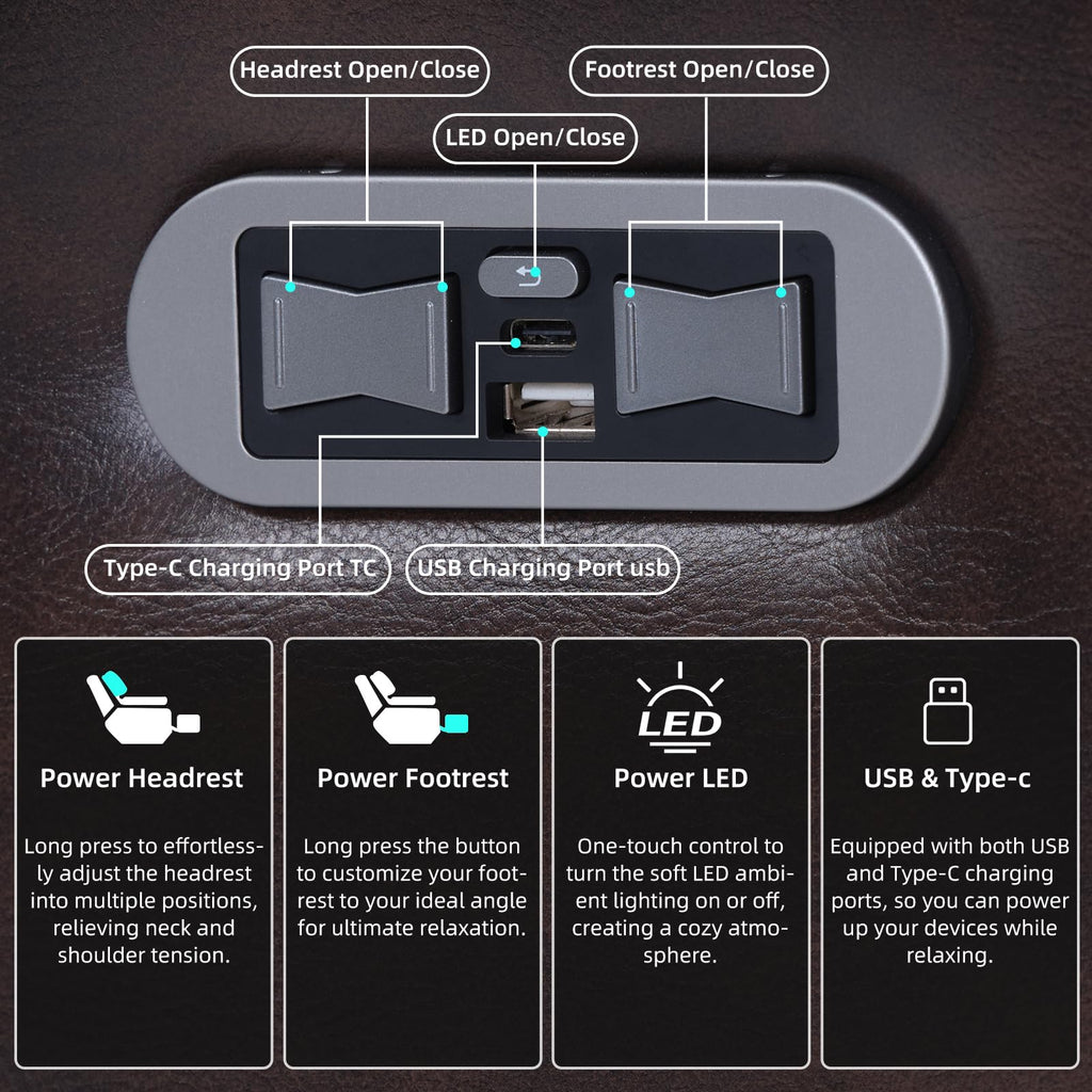 CANMOV Home Theater Seating with Adjustable Headrest with LED Lights, 3 Seat Power Reclining Sofa with Flip Backrest Design, Wireless Charger, Cup Holders, Reading Light and USB Charging Ports, Brown