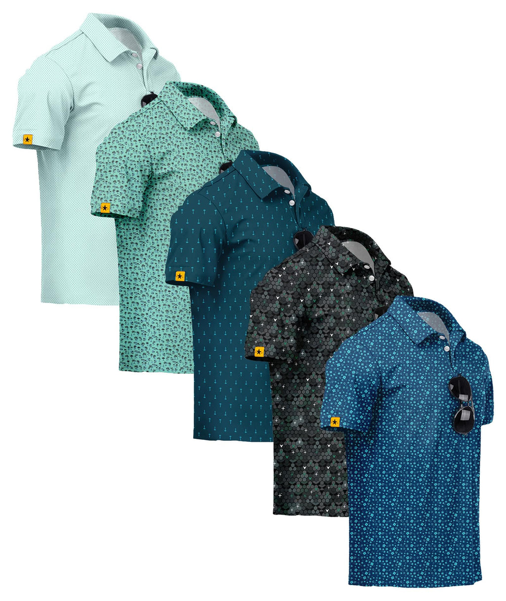 ZITY 5 Pack Mens Golf Shirt Short Sleeve UPF 50+ Print Patterns Casual Polo
