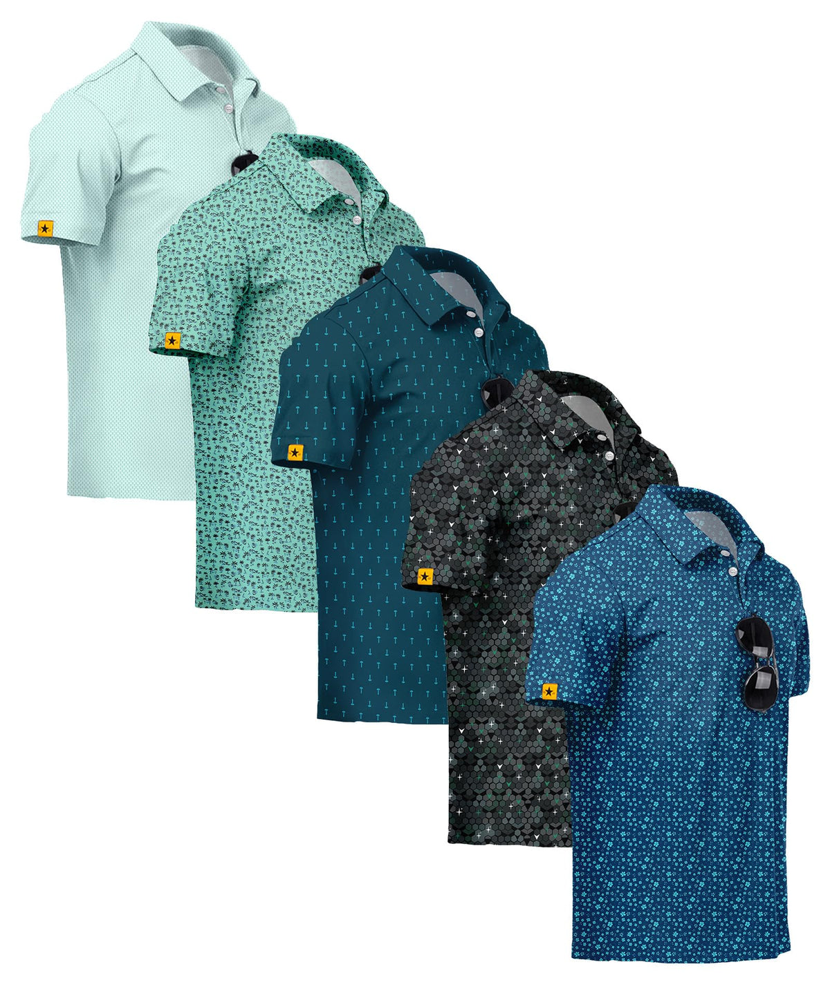 ZITY 5 Pack Mens Golf Shirt Short Sleeve UPF 50+ Print Patterns Casual Polo