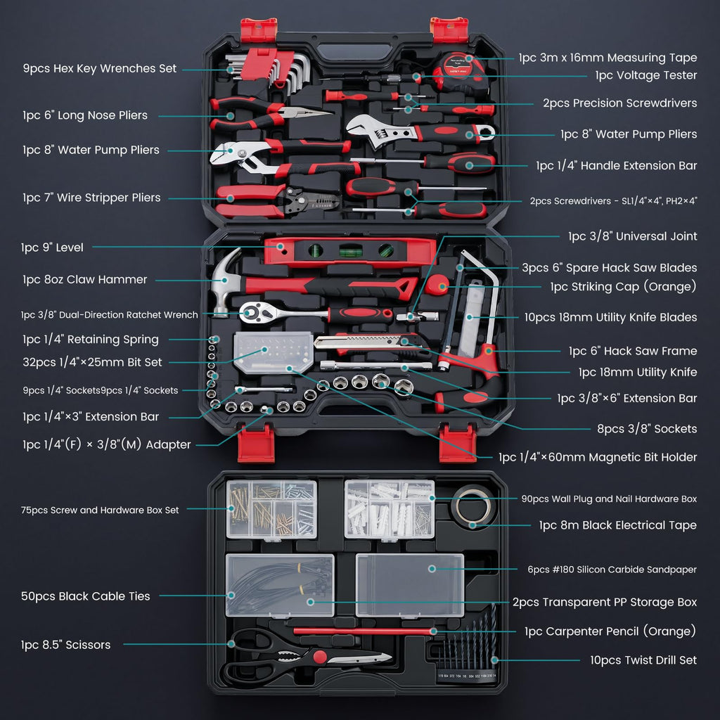 DUMOS 330-Piece Complete Homeowners Tool Box Set,Small Tool Kit for Home