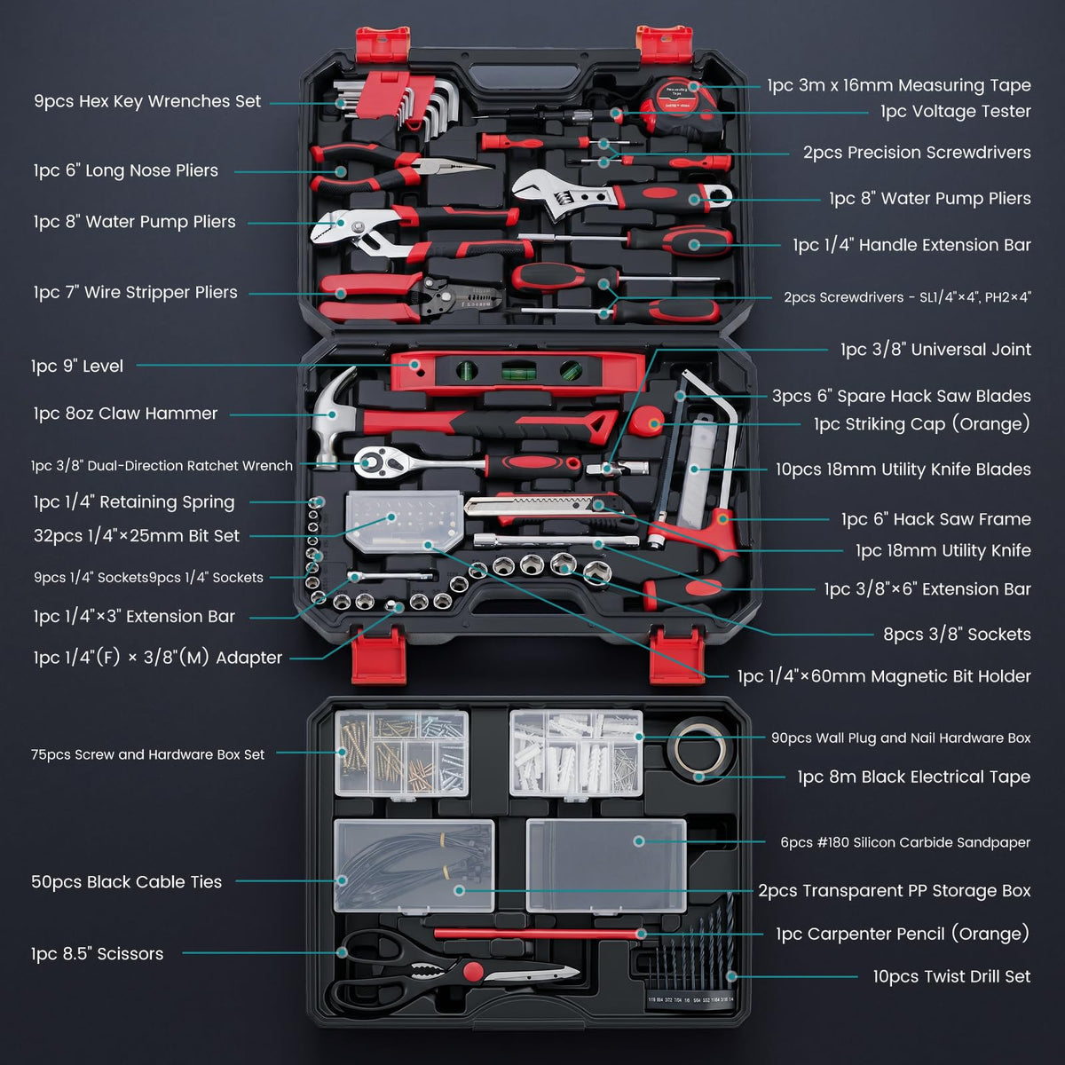 DUMOS 330-Piece Complete Homeowners Tool Box Set,Small Tool Kit for Home