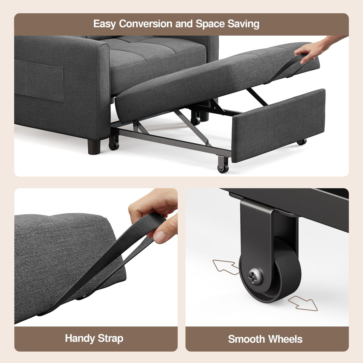 Ahomly Convertible Sofa Chair Bed, 3-in-1 Linen Pull Out Chair, Dark Gray