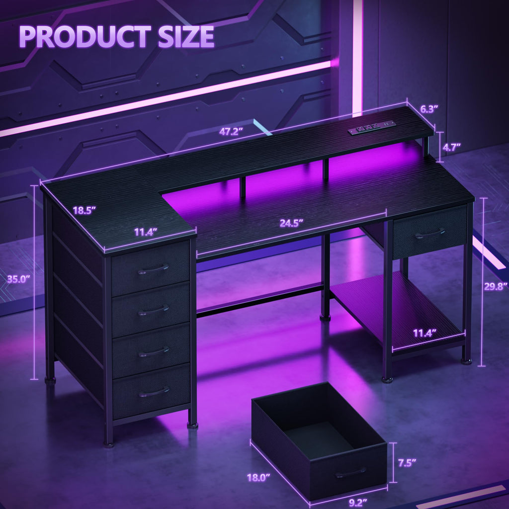 Korfile 47 Inch Gaming Computer Desk with Power Outlets,LED,5 Drawers,Black