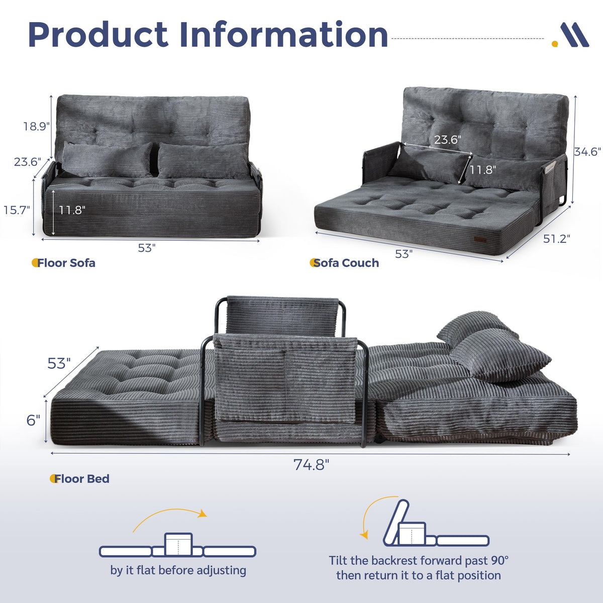 MAXYOYO Adjustable Folding Sofa Bed Couch with 2 Pillows, Dark Grey