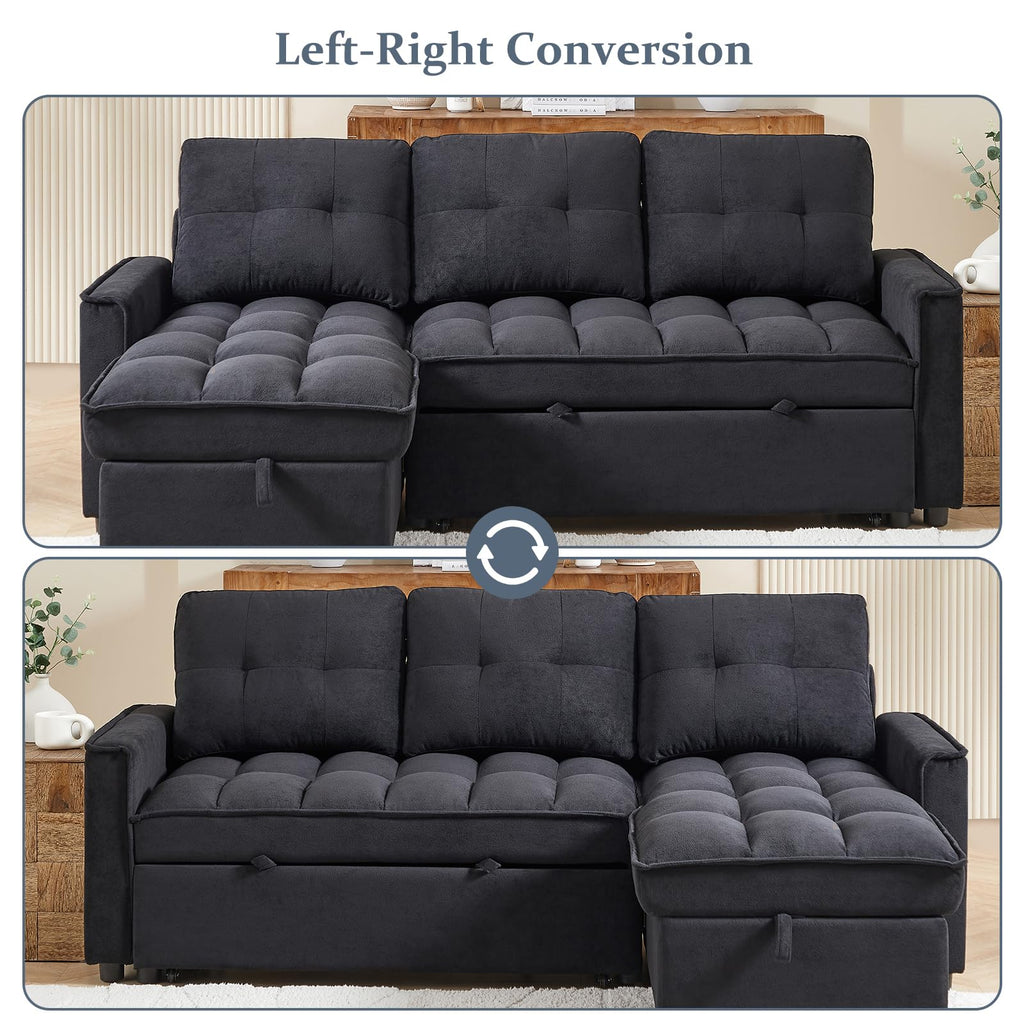 Firscook 78.75" Sleeper Sofa Couch,Modern L-Shaped Couches, Pull Out Couch with USB Ports&Side Pocket,Sleeper Sectional Sofa for Living Room Apartment,Chenille,Black