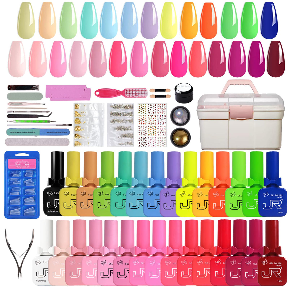 JR 48Pcs Gel Nail Polish Kit 27 Colors Full Size 15ml Base Top Coat Soak Off Manicure Set Storage Box Gift For Women And Girls