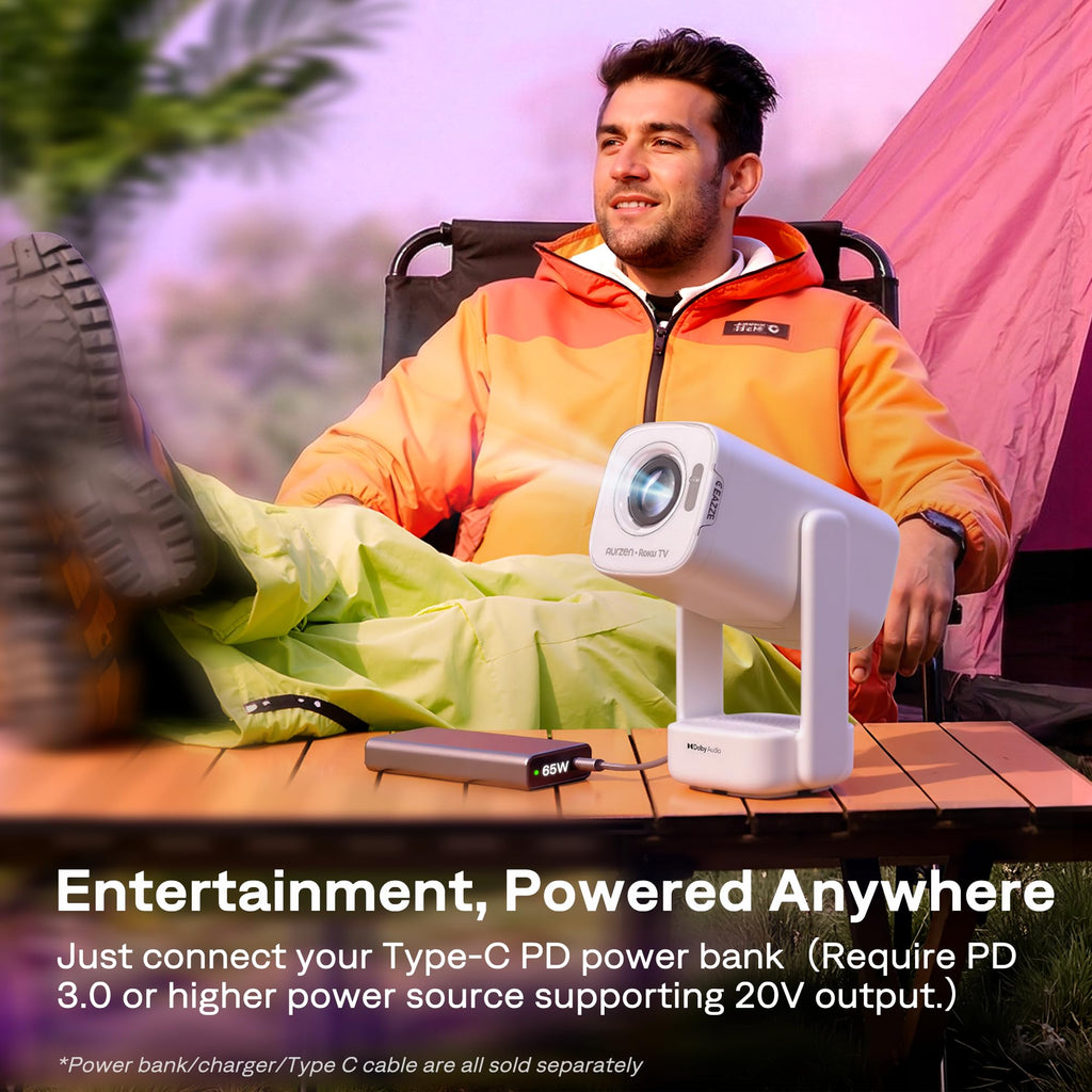 Aurzen Roku TV D1R air USB-C Powered Smart Portable Outdoor Projector White