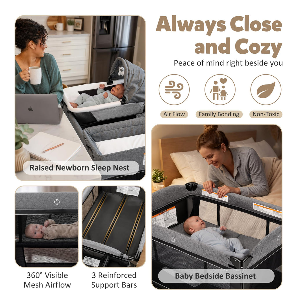 TODEFULL 4 in 1 Foldable Pack and Play with Bassinet & Changing Table