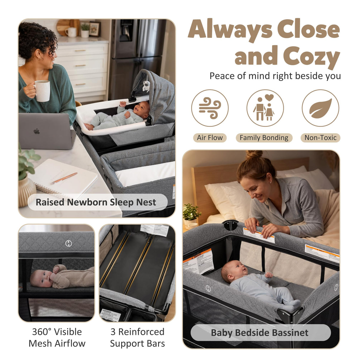 TODEFULL 4 in 1 Foldable Pack and Play with Bassinet & Changing Table