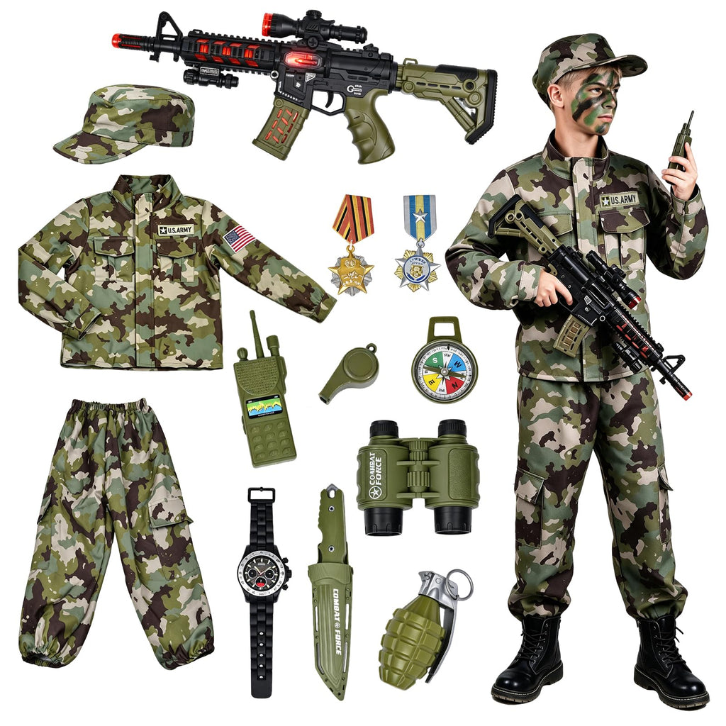 Kids Army Costume for Boys - 14 PCS Soldier Halloween Costume for Boys