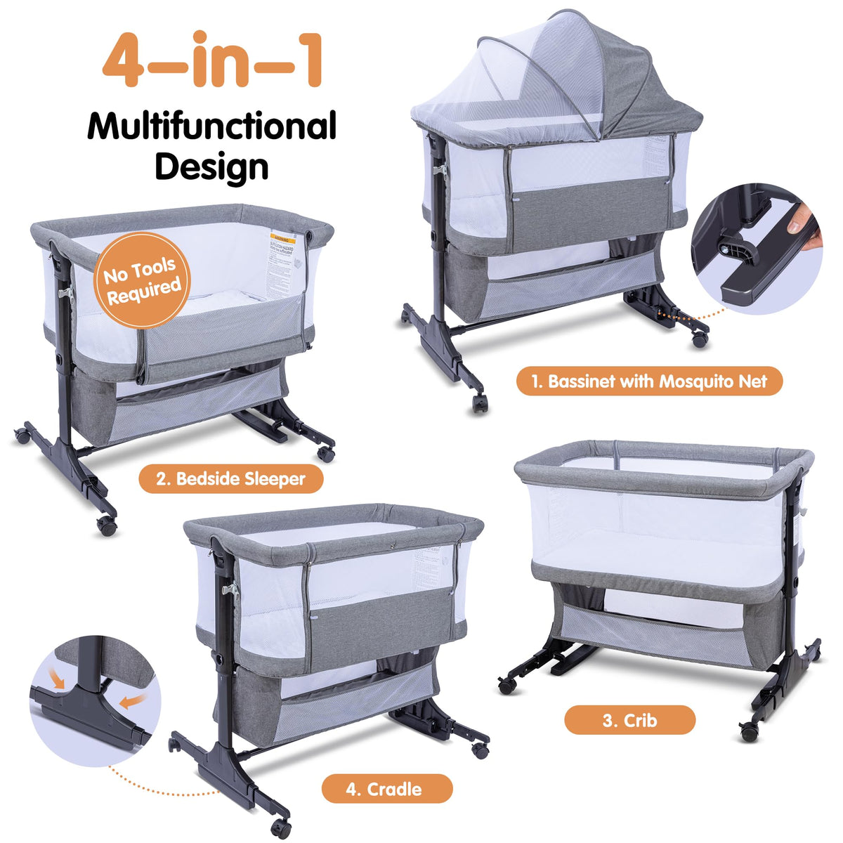 CAPAKIDDO 4-in-1Bedside Bassinet Sleeper, 6 Height, Mesh, Washable Mattress