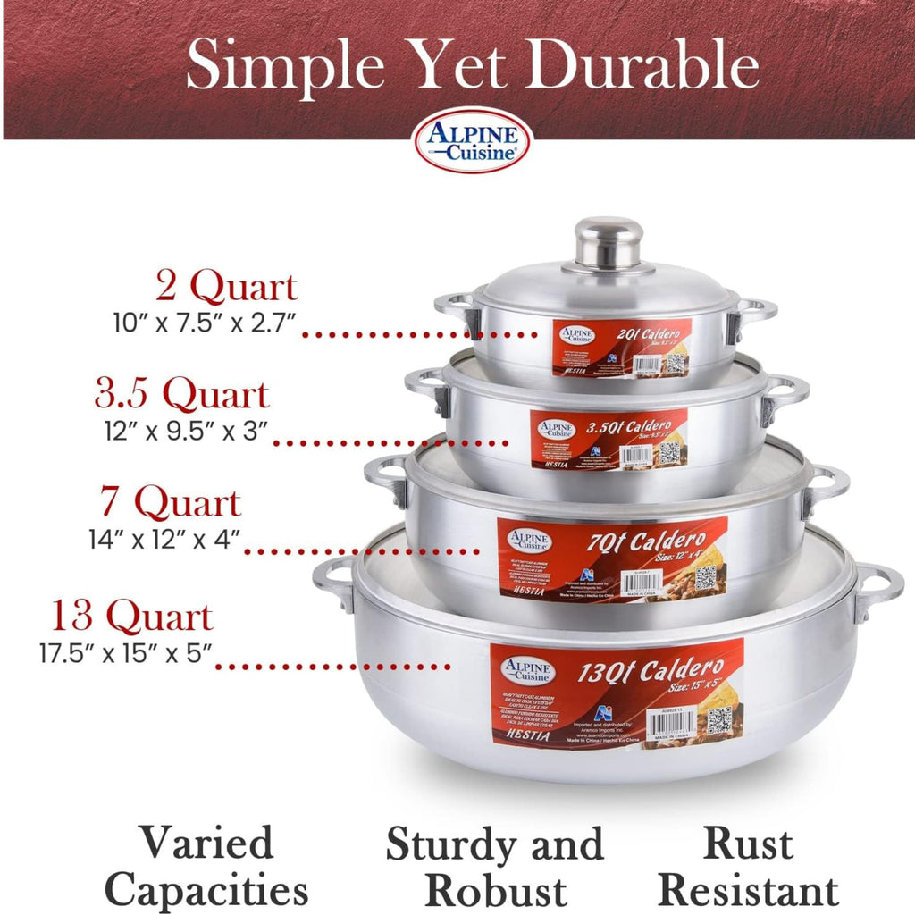 Alpine Cuisine 8-Piece Nonstick Aluminum Caldero Cookware Set with Lids | Includes 2 Qt, 3.5 Qt, 7 Qt, 13 Qt Pots | Ideal for Stews, Soups, & Rice