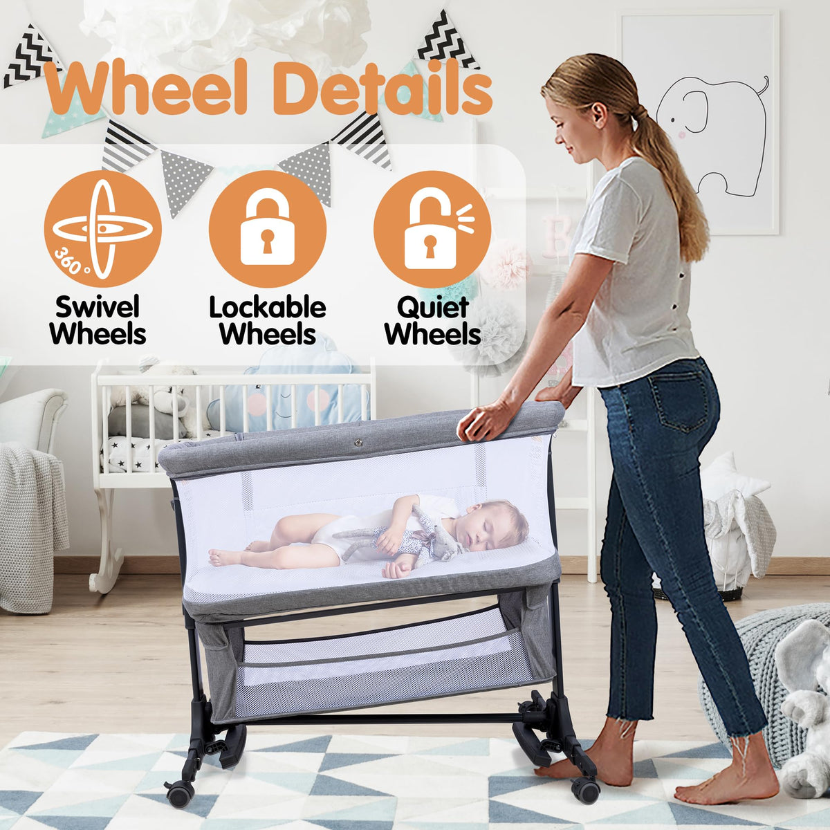 CAPAKIDDO 4-in-1Bedside Bassinet Sleeper, 6 Height, Mesh, Washable Mattress