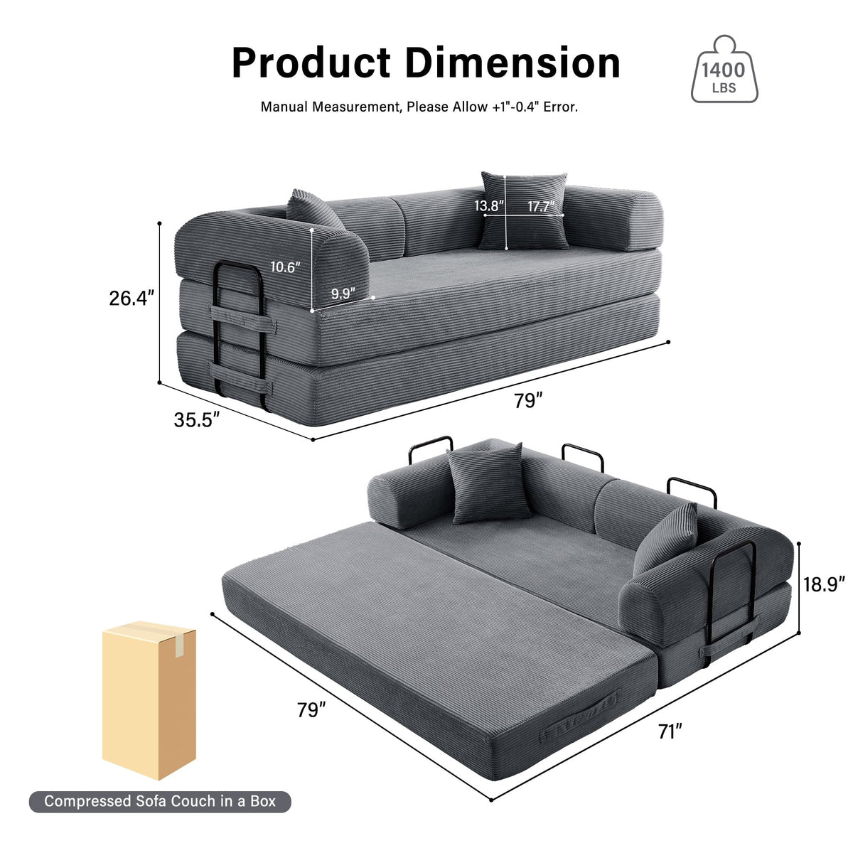 79" Convertible Sofa Bed, Boneless Sleeper Futon Couch for Living Room