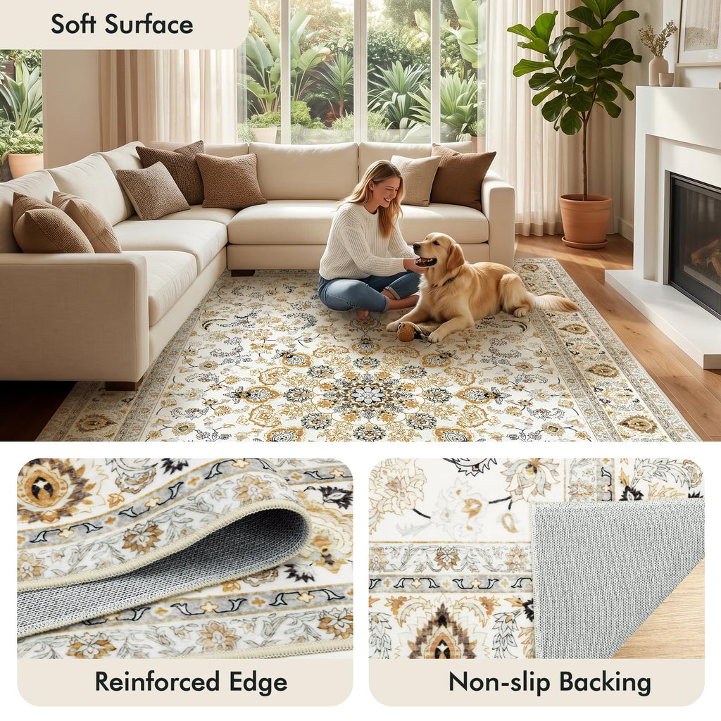 Fixwal Washable 8x10 Area Rug for Living Room, Non-Slip, Beige