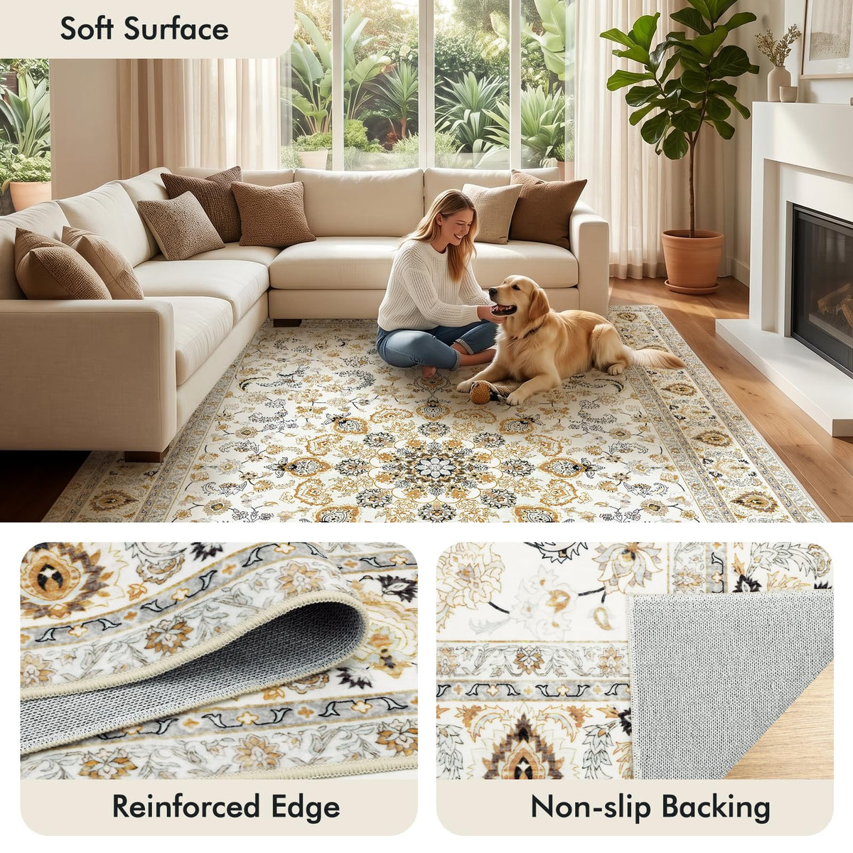 Fixwal Washable 8x10 Area Rug for Living Room, Non-Slip, Beige