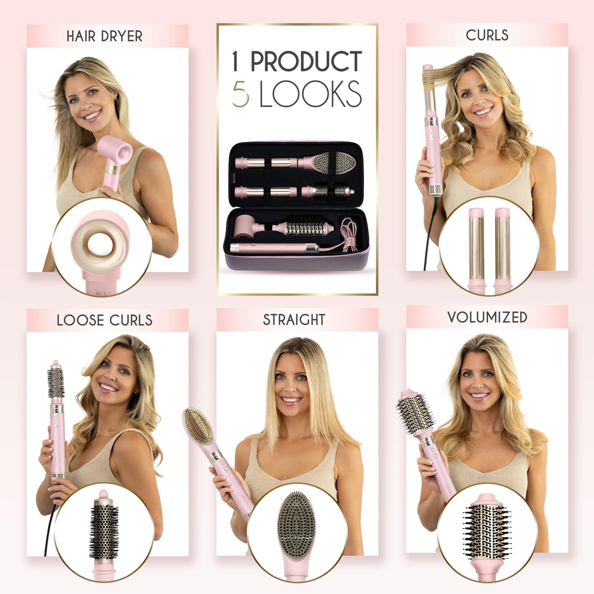 ELLA BELLA® 6-in-1 Hot Air Styler Pink & Heat Protectant Spray • Powerful Hair Dryer Set for Fast Curling, Volumizing, Straightening • Includes Travel Case • UV Shield & Nourishing Hair Care
